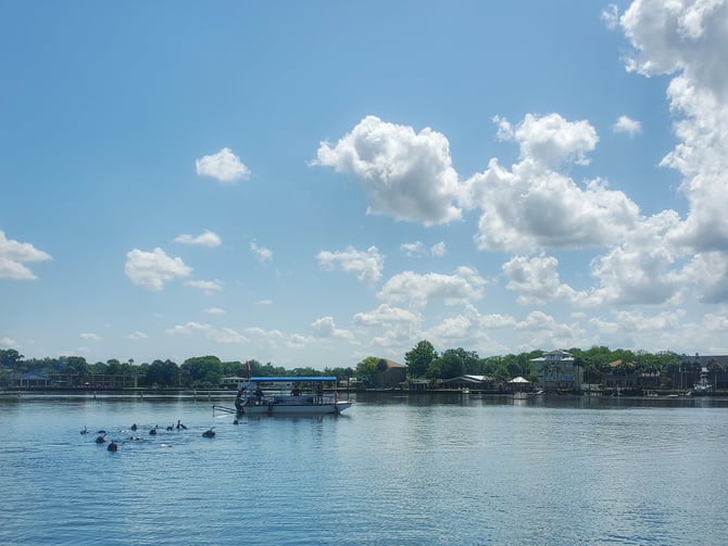 Pontoon boat on a calm Florida lake under a blue sky