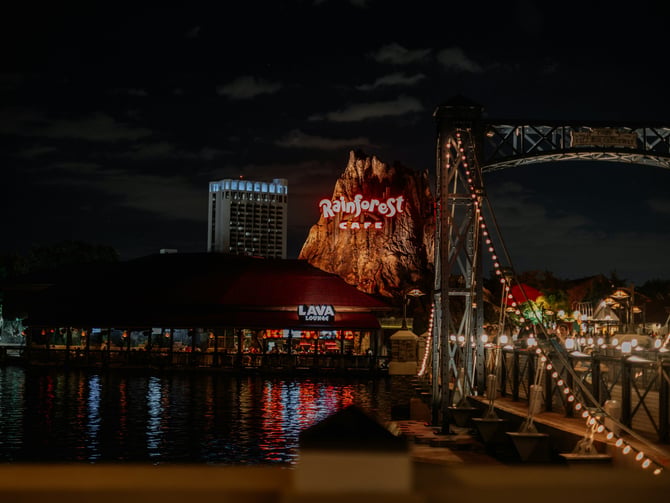 Outdoor entertainment district at night with lights on the water