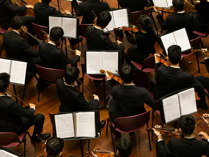 Overhead view of a full orchestra in performance