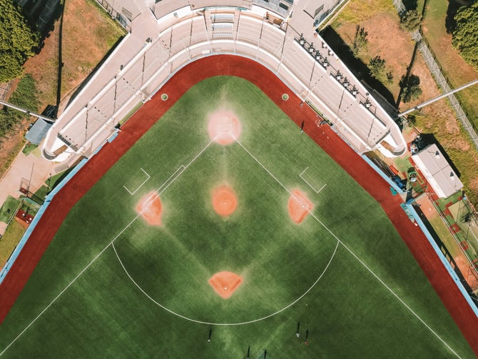 Aerial view of multi-sport complex with baseball diamond and running track