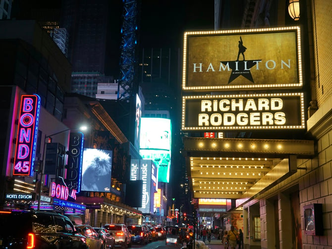 Hamilton marquee lit up on a Broadway street at night