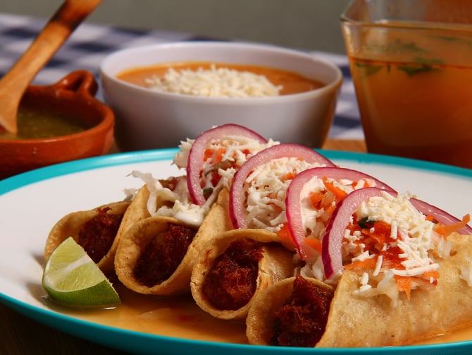 Marlin tacos on a plate at a casual Mexican seafood restaurant