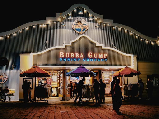 Waterfront entertainment venue lit up at night