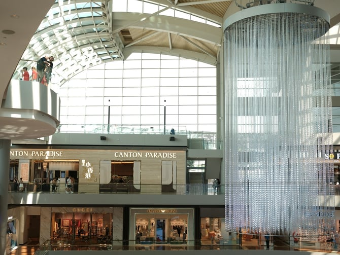 Bright modern mall interior with waterfall feature